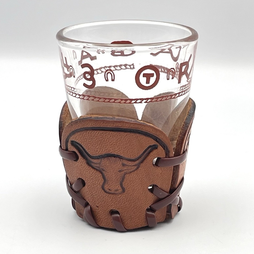 Vintage Libbey Bamco Western Shot Glass Leather Holder Longhorn Tombstone AZ